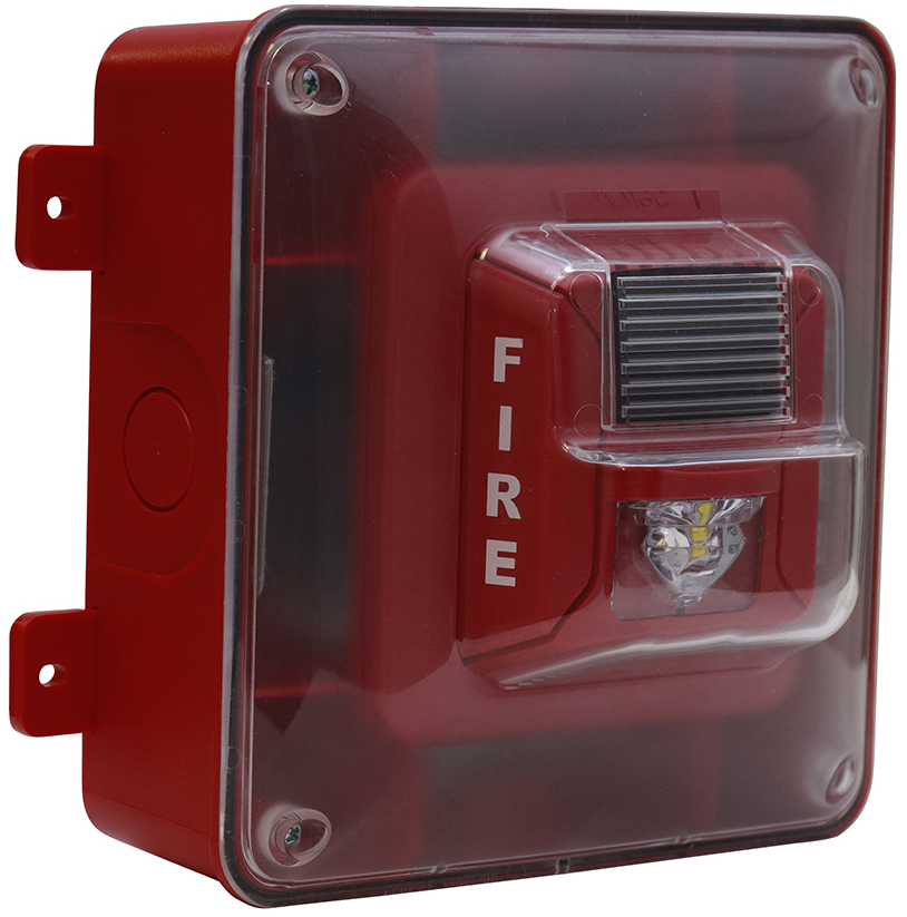 Sirena con Luz Estroboscópica LED para Exterior, Montaje en Pared, a 2 Hilos, 24 Vcd, Configuración Estroboscópica Seleccionable, Color Rojo