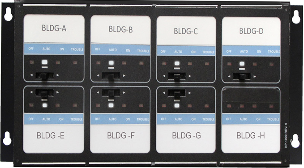 Modulo de control con 7 interruptores de 3 posiciones, 4 indicadores de estatus por cada interruptor y una llave