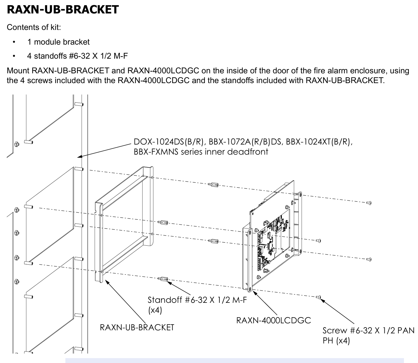 Accesorio para montar la pantalla RAXN-4000LCDGC en los paneles de la serie FlexNet
